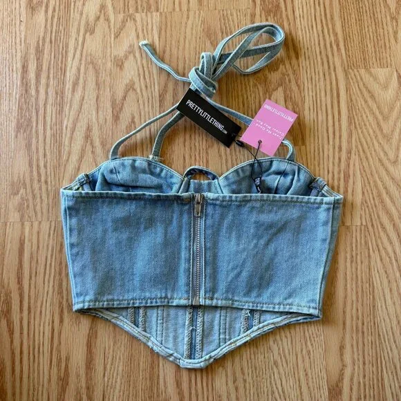 Petite Light Blue Wash Denim Corset Top Size 00 Halter Neck PrettyLittleThing - Picture 3 of 7